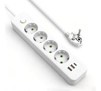 Regleta de 4 enchufes con USB, enchufe múltiple 7 en 1 con 2 USB-A y 1 USB-C, enchufe múltiple con cable de extensión de 1,8 m, montaje en pared, 2500 W, 10 A, 250 V, color blanco