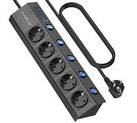 Regleta de 5 enchufes con conmutación individual, montaje en pared | Con 1 cargador rápido USB-C (PD 20 W) y 3 enchufes USB, enchufe múltiple con protección contra sobretensiones (3680 W/16 A)