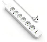 Regleta de 6 enchufes con USB, 9 en 1 con 2 USB-A y 1 USB-C, enchufe múltiple con cable de extensión de 1,8 m, montaje en pared, 2500 W, 10 A, 250 V, color blanco