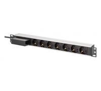 Regleta de alimentación PDU Rack 19" con interruptor automático Tipo C 16A, 7 tomas Schuko CEE 7/3 (45°), cable de 1,8 m, enchufe Unischuko CEE 7/7, 16A, aluminio