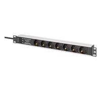 Regleta de alimentación PDU Rack 19" con protección contra sobretensiones + filtro EMI/RFI, 7 tomas Schuko CEE 7/3 (45°), cable de 2m, enchufe Unischuko CEE 7/7, 16A, aluminio