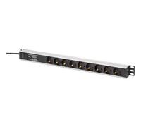 Regleta de alimentación PDU Rack (620mm) con protección contra sobretensiones + filtro EMI/RFI, 9 tomas Schuko CEE 7/3 (45°), cable de 2m, enchufe Unischuko CEE 7/7, 16A, aluminio