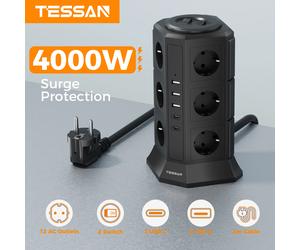 Regleta de alimentación TESSAN con múltiples tomas, 3 USB, 2 tipo C, cable de extensión de 2 m, enchufe europeo, toma eléctrica vertical, protección contra sobretensiones 12 Outlets 3U2C