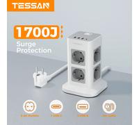 Regleta de alimentación TESSAN con múltiples tomas, 3 USB-A y 1 Tipo C, cable de extensión de 2 m, enchufe europeo, toma eléctrica vertical, protección contra sobretensiones 1 USB C (white)