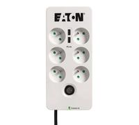 Regleta de enchufes con protección contra sobretensiones Eaton Protection Box 6, 6 enchufes, protección para teléfono/RJ, 2 puertos USB, color blanco y