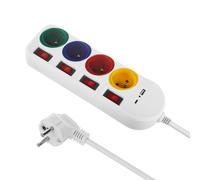 Maclean MCE508 Regleta de 4 Enchufes Tipo E con 2 Puertos USB (A y C) 5V/3.1A QC 2.0, USB-C 18W PD | Toma Múltiple, máx. 2500 W 10 A | Cable de 1,5 m (Blanco/Multicolor)