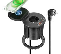 Regleta empotrable USB C PD de 20 W con cargador inalámbrico de 10 W, toma empotrable, encimera USB C, bloque de toma escalable para muebles, cocina, oficina, 1,8 m, cable, diámetro 80 mm, negro