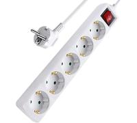 Regleta Enchufe con Interruptor KD, Color Blanco, alargador de enchufes, Base Multiples de 5 Tomas schuko, enchufes Tipo Schucko con Interruptor, 16a/250v 3680w, Cable 3g 1.5mm2, Cable 3 Metros