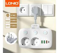 Regleta LDNIO con interruptor, 2 salidas de CA, 4 USB, PD20W, cargador rápido, extensión de toma de corriente, adaptador de enchufe para Reino Unido, UE y EE. UU. Universal to UK Plug