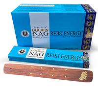 Reiki Energy Incienso Vijayshree Golden Nag 15 g Nueva fragancia varillas duración 60 minutos aproximadamente + regalo porta inciensos (12 cajas de 15 g)