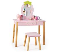 RELAX4LIFE 2 en 1 Tocador de Maquillaje Niña con Taburete y Espejo Extraíble en Forma de Fresa, Tocador Niña de MDF, Tocador Infantil y Escritorio para Niños 3-7 Años (Rosa)