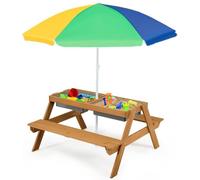 RELAX4LIFE 3 en 1 Mesa Picnic Infantil con Sombrilla Desmontable y Ajustable en Altura 117-187cm, Mesa y Sillas Infantil con 2 Bandejas para Juegos con Arena y Agua, Banco Madera Abeto para 1-4 Niños