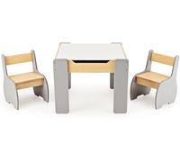 RELAX4LIFE 4 en 1 Juego de Mesa y 2 Sillas Infantil con Pizarra, Pizarra Blanca y Espacio Almacenamiento, Mesa Reversible con Tablero Extraíble para Dibujar, Pupitres para Niños 3-6 Años (Gris)