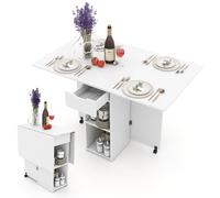 RELAX4LIFE 4 en 1 Mesa de Comedor Extensible con Puertas Abatibles y 2 Ruedas Universales para 4-6 Personas, Mesa Plegable de Cocina con 2 Estantes y 1 Cajón para Comedor/Salón, 72x120x75cm (Blanco)
