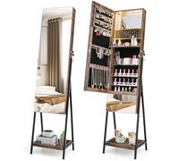 RELAX4LIFE Armario para joyas con espejo, armario con espejo con 3 LED de colores, organizador de joyas con cajón y estante, estantería para joyas con cerradura, para dormitorio, salón (marrón rústico