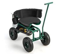 RELAX4LIFE Asiento con ruedas para jardín, giratorio 360 ° y altura regulable 42 - 52 cm, asiento de trabajo móvil con 2 asas, cesta de almacenamiento, cojín de jardín, con 4 ruedas, soporta hasta 150