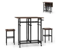 RELAX4LIFE Juego de mesa de 3 piezas plegable y barra con ruedas, cocina con 2 taburetes, comedor con 6 botellas de vino y estantes