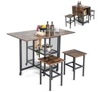 RELAX4LIFE Juego de mesa de comedor plegable de 3 piezas, mesa de bar con ruedas, mesa de cocina con 2 taburetes y 2 estantes, mesa de comedor con estructura de metal, diseño industrial, juego de
