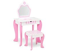 RELAX4LIFE Juego de mesa de maquillaje y taburete para niños, mesa de madera para princesas con tapa extraíble y escritorio, juego de tocador infantil 2 en 1 con espejo, rosa + blanco
