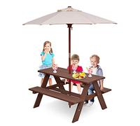 RELAX4LIFE Juego de Mesa y Sillas para Niños, Juego de Muebles de Exterior con Paraguas Parasol de Exterior, Mesa y Bancos de Jardín, Terraza, Balcón, Mueble de Picnic y Barbacoa (Modelo 4)