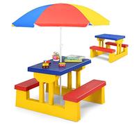 RELAX4LIFE Juego de mesa y sillas para niños, juego de muebles de exterior con paraguas parasol de exterior, mesa y bancos de jardín, terraza, balcón, mueble de picnic y barbacoa (modelo 2)