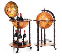RELAX4LIFE Minibar de Madera Maciza con 3 Ruedas, Botellero de Globo Terráqueo de 2 Niveles para Botellas y Copas, Carrito de Bar para Casa, Restaurante, Fiesta (47x47x90CM, Marrón)