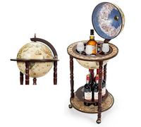 RELAX4LIFE Minibar de Madera Maciza con 3 Ruedas, Botellero de Globo Terráqueo de 2 Niveles para Botellas y Copas, Carrito de Bar para Casa, Restaurante, Fiesta (44,3x44,3x88CM, Beige)