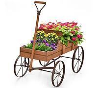 RELAX4LIFE Soporte para Flores de Madera Maciza con 4 Ruedas de Metal, Carro para Plantas con 2 Jardineras Grandes, Decoración para Jardín, Balcón y Terraza, Carga 15kg (Marrón)