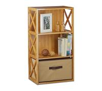 Relaxdays 1 Estantería con Cesta de almacenaje, 3 Baldas, Madera, Mueble de baño, Caja Plegable, 80 x 42 x 29 cm, Marrón