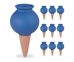 Relaxdays 10 Conos de Riego, Picos Autorriego 12x6 cm, Regadores Plantas Interior y Jardineras, Arcilla, Terracota/Azul