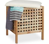 Relaxdays Tabuerete baño de madera con almacenaje blanco,marrón claro