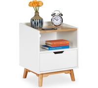 Relaxdays Mesita de noche blanca con 1 cajón blanco,marrón claro