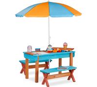 Relaxdays Mobiliario Infantil para jardín, Set con Mesa, Dos Bancos y sombrilla, Muebles de Exterior, Madera, Multi-Color