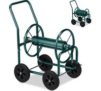 Relaxdays Carro Portamangueras, hasta 60 m, 4 Ruedas Neumáticas, Acoplamiento por Clic, Soporte Mangueras Metal, Verde
