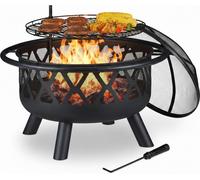 Relaxdays Brasero Exterior con Parrilla, Protector Antichispas y Atizador, Estufa Jardín y Terraza, 75 cm, Acero, Negro