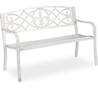 Relaxdays Banco Jardín, Banco Parque Metal, Asiento Respaldo de Hierro Fundido, Exterior, 86x127x57 cm, Blanco y Bronce