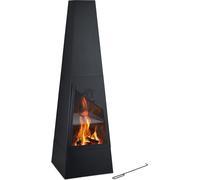 Relaxdays Chimenea Exterior con Barbacoa, Caja Cenizas, Salvachispas, Atizador, Parrilla Jardín, 149x44,5x44,5 cm, Negro
