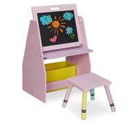 Relaxdays Estantería Infanftil con Pizarra y Taburete, Estante con 2 Compartimentos y 1 Caja de Tela, 84x52x45 cm, Rosa