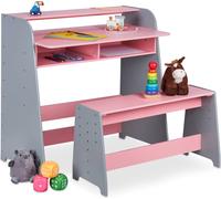 Relaxdays Mesa regulable y banco infantil rosa,gris