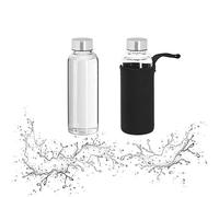 Relaxdays 2 Botellas Agua Reutilizables 360ml, Cantimplora con Funda, Hermética, Vidrio, 20 x 6 cm, Transparente/Negro