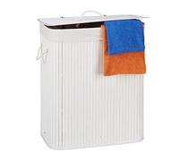 Relaxdays 2 Cestos Ropa Sucia con Tapa y 2 Compartimentos, Cubo Colada Plegable, Canasta, Bambú, 95 L, Blanco