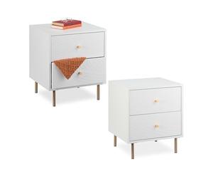 Relaxdays 2 Mesitas de Noche con 2 Cajones, Mesilla Dormitorio, Mesas Auxiliares de Cama, 52 x 45 x 40 cm, Blanco/Dorado