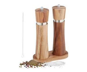 Relaxdays 2 Molinillos Sal y Pimienta Manuales, Especias Muela Cerámica, con Bandeja, Madera, Acrílico, Marrón/Plata