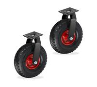 Relaxdays 2 Ruedas giratorias neumáticas 3.00-4 para Cargas, Placa atornillable, 120 kg, Negro-Rojo, 26x26x31 cm