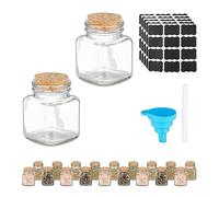 Relaxdays 20 Botes Especias 100 ml, Tarros con Tapón de Corcho, Etiquetas, Rotulador y Embudo, Transparente/Natural