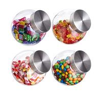 Relaxdays 24 Botes para Chuches, 1,5 L, Recipientes para Alimentos, Cristal & Acero Inoxidable, con Tapa, Chucherías, Transparente