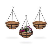 Relaxdays 3 Macetas Colgantes, Cestas de Coco, 50 x 31 cm, Plantas Suspendidas, Interior y Exterior, Metal, Marrón/Negro