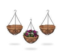 Relaxdays 3 Macetas Colgantes, Cestas de Coco y Metal, 48x31 cm, Plantas Suspendidas, Interior y Exterior, Marrón/Negro, Hierro