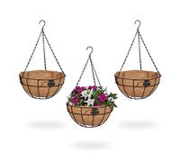Relaxdays 3 Macetas Colgantes, Cestas de Coco y Metal, 48x31 cm, Plantas Suspendidas, Interior y Exterior, Marrón/Negro
