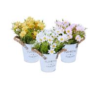 Relaxdays 3 ramos de flores artificiales en maceta blanco,amarillo,rosa